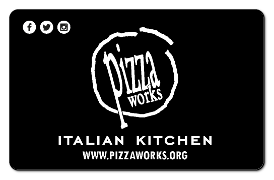 pizza works white circle logo on a black background